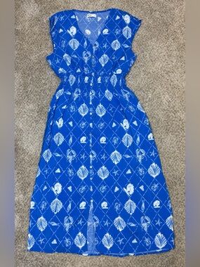 Blue Shell Print Midi Dress | Coastal Vacation Style | Elastic Waist